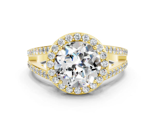 Yellow gold Round Cut Moissanite Halo Ring with Split Shank U-Prong Band and Four-Prong Setting
