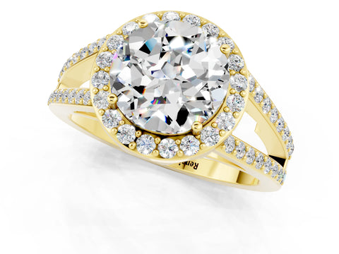 Yellow gold Round Cut Moissanite Halo Ring with Split Shank U-Prong Band and Four-Prong Setting_1