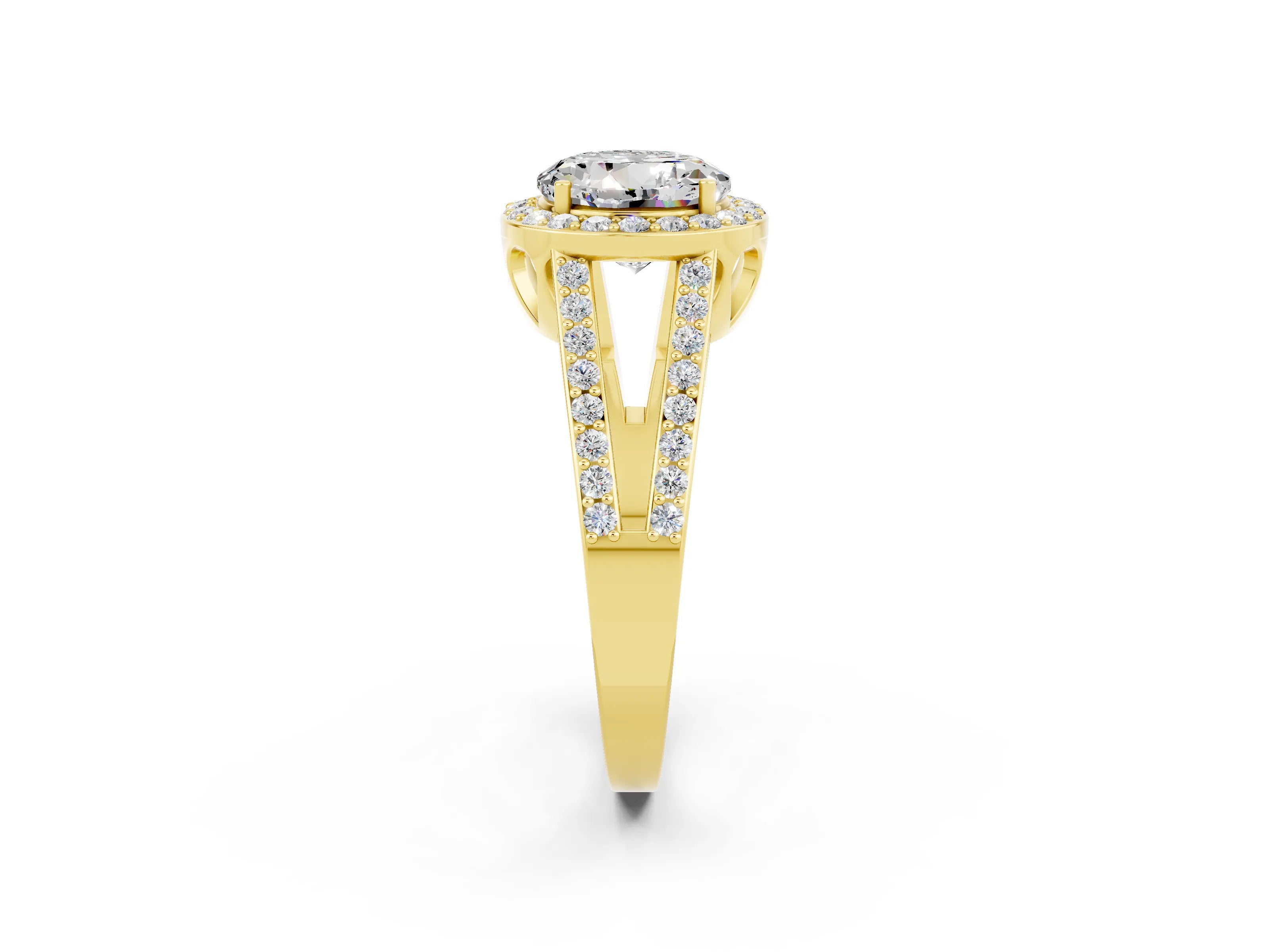 Yellow gold Round Cut Moissanite Halo Ring with Split Shank U-Prong Band and Four-Prong Setting_2