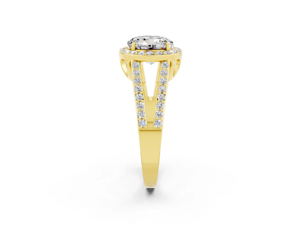 Yellow gold Round Cut Moissanite Halo Ring with Split Shank U-Prong Band and Four-Prong Setting