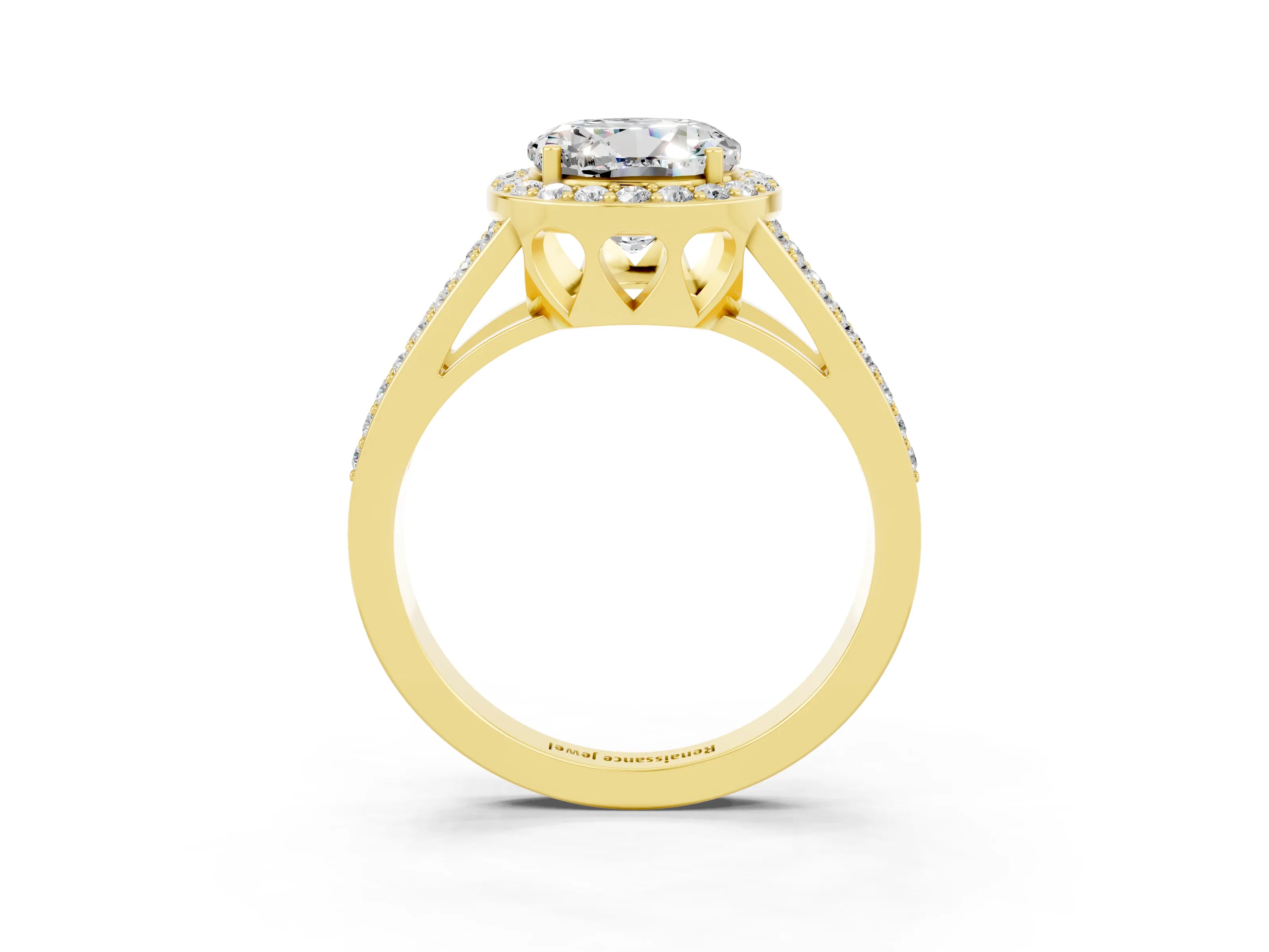 Yellow gold Round Cut Moissanite Halo Ring with Split Shank U-Prong Band and Four-Prong Setting_3