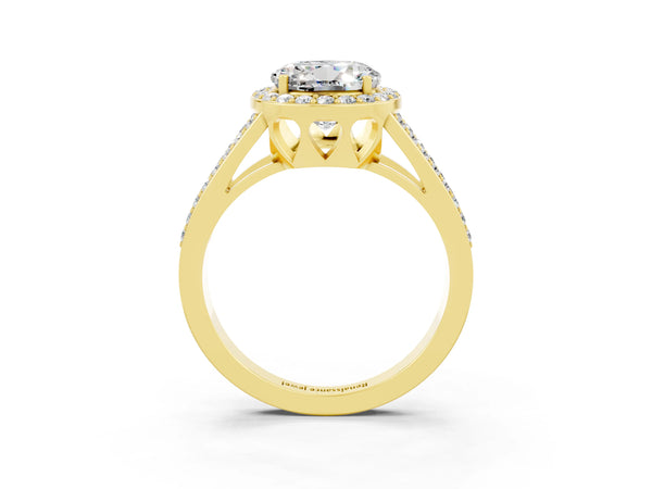Yellow gold Round Cut Moissanite Halo Ring with Split Shank U-Prong Band and Four-Prong Setting