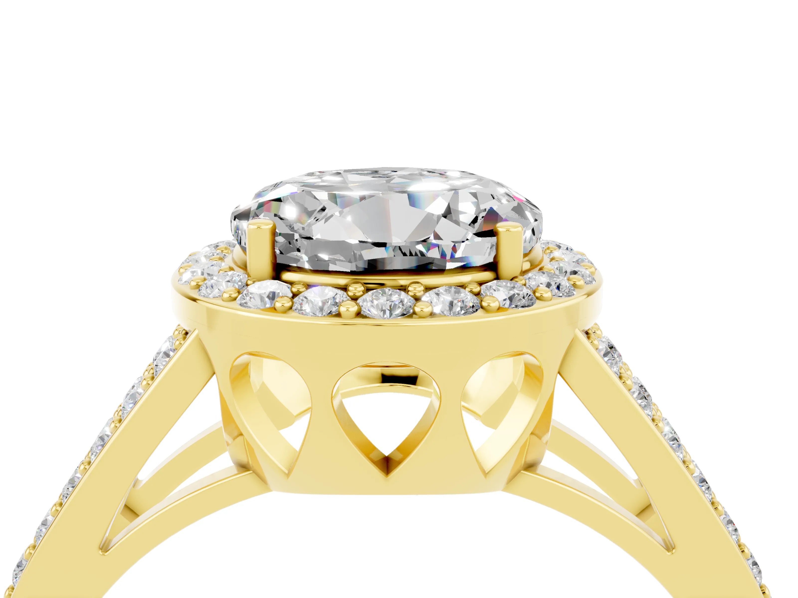 Yellow gold Round Cut Moissanite Halo Ring with Split Shank U-Prong Band and Four-Prong Setting_4