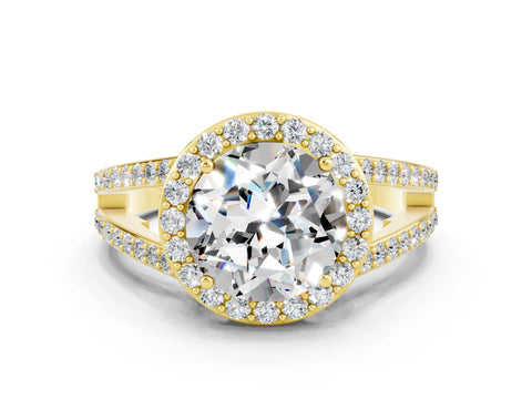 Yellow gold Round Cut Moissanite Halo Ring with Split Shank U-Prong Band and Four-Prong Setting