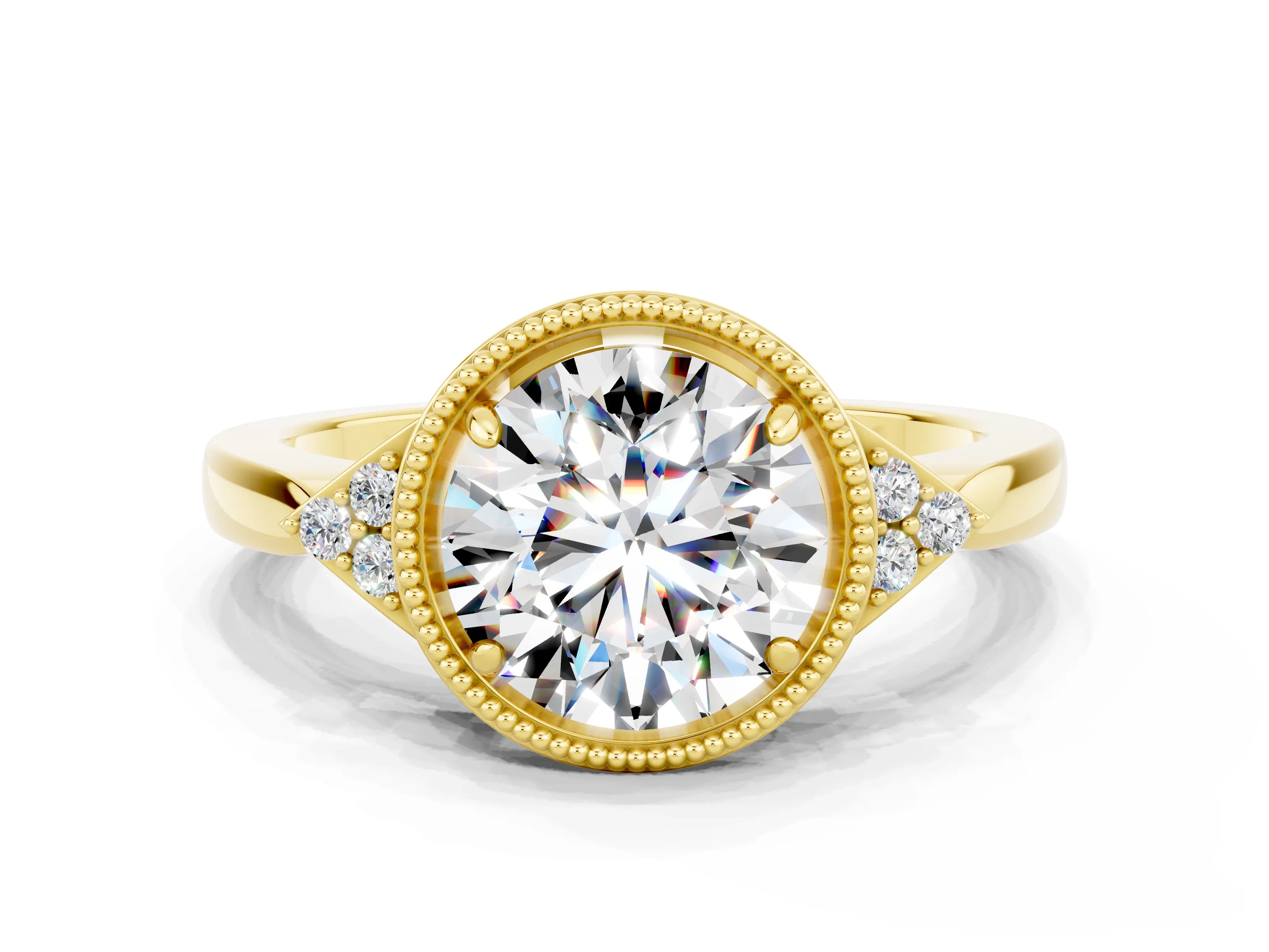 Yellow gold Round Cut Moissanite Halo Ring with Tapered Band and Four-Prong Setting