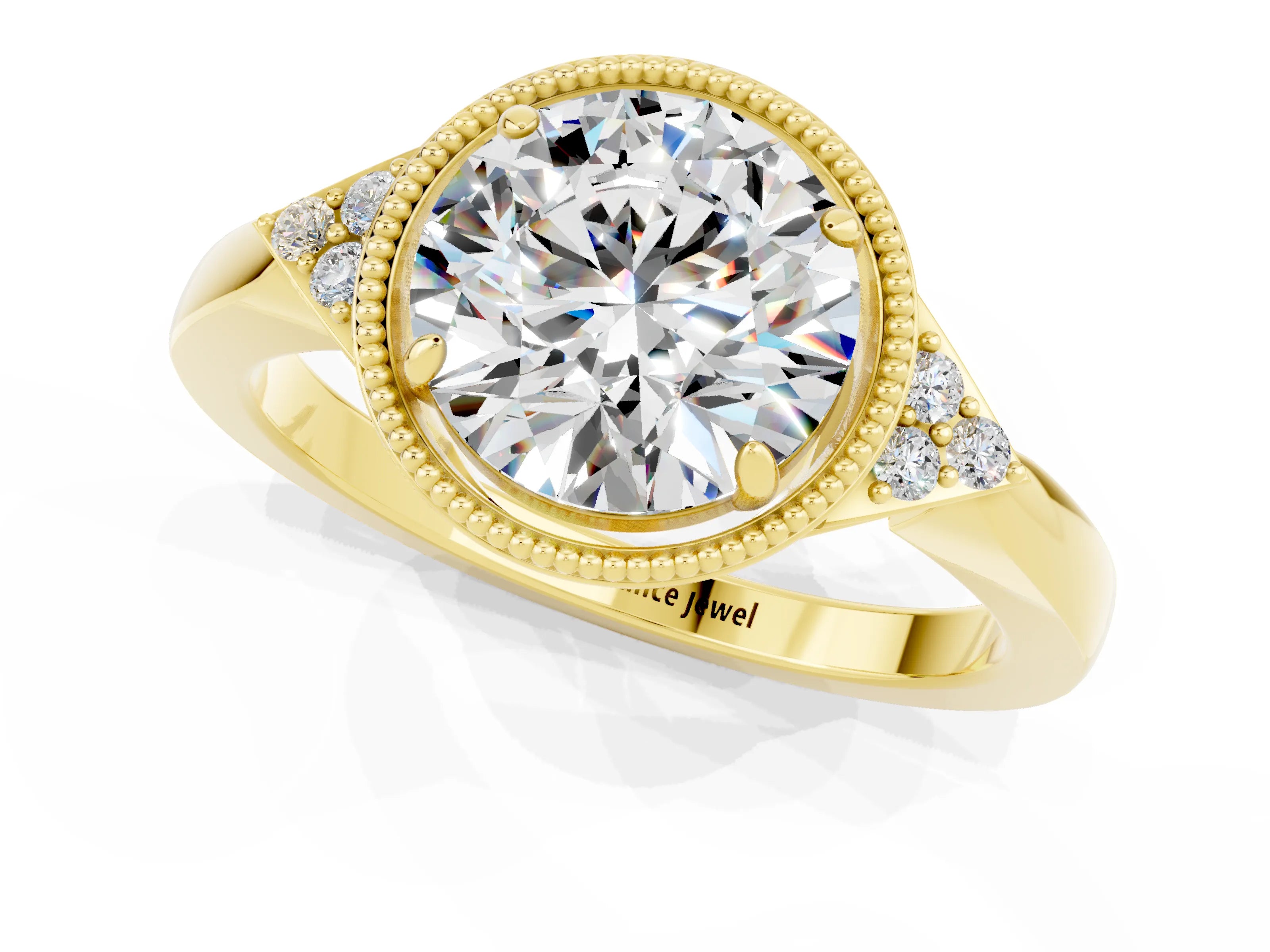 Yellow gold Round Cut Moissanite Halo Ring with Tapered Band and Four-Prong Setting_1
