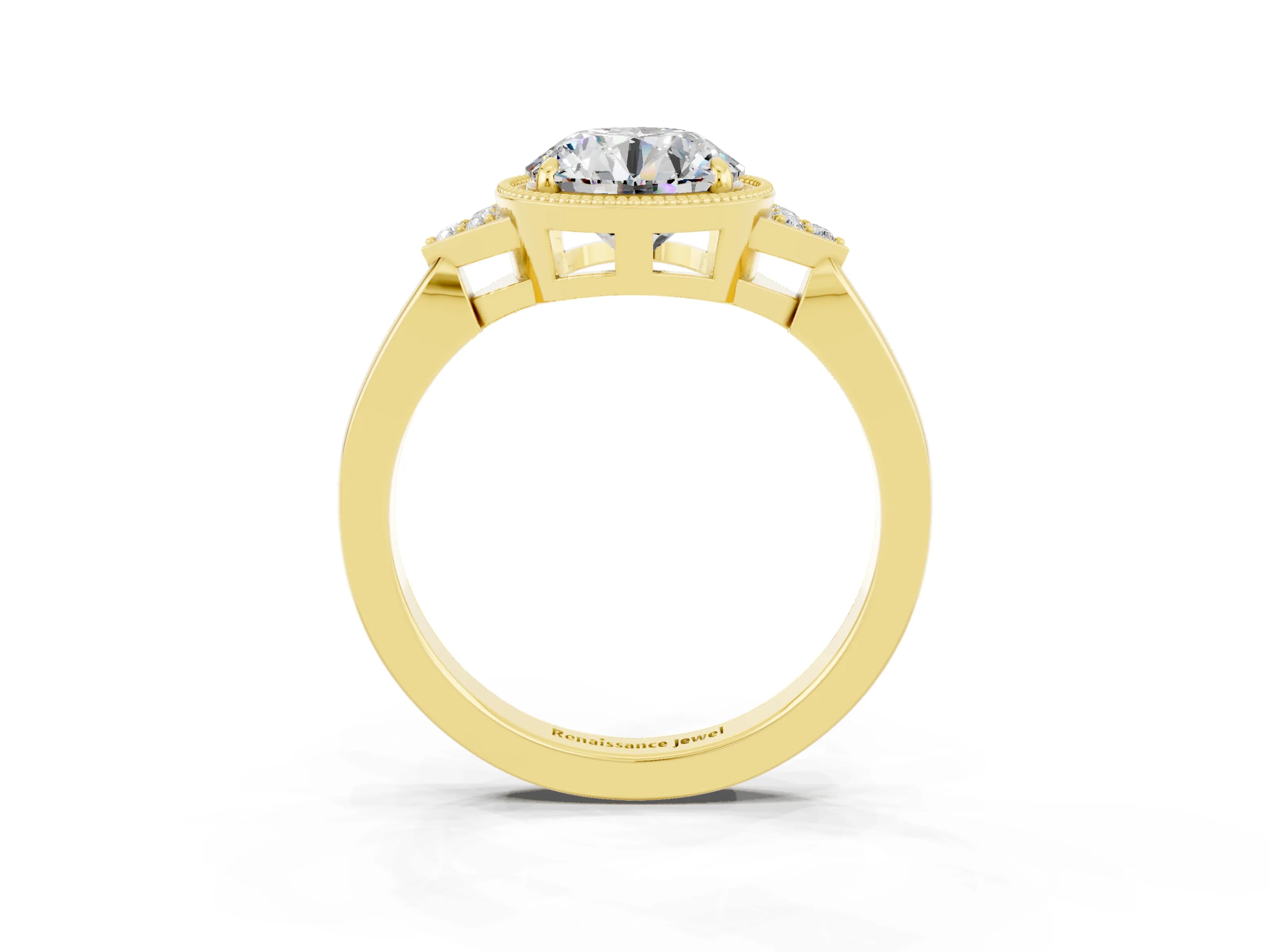 Yellow gold Round Cut Moissanite Halo Ring with Tapered Band and Four-Prong Setting_3