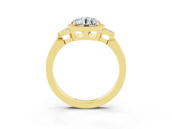 Yellow gold Round Cut Moissanite Halo Ring with Tapered Band and Four-Prong Setting