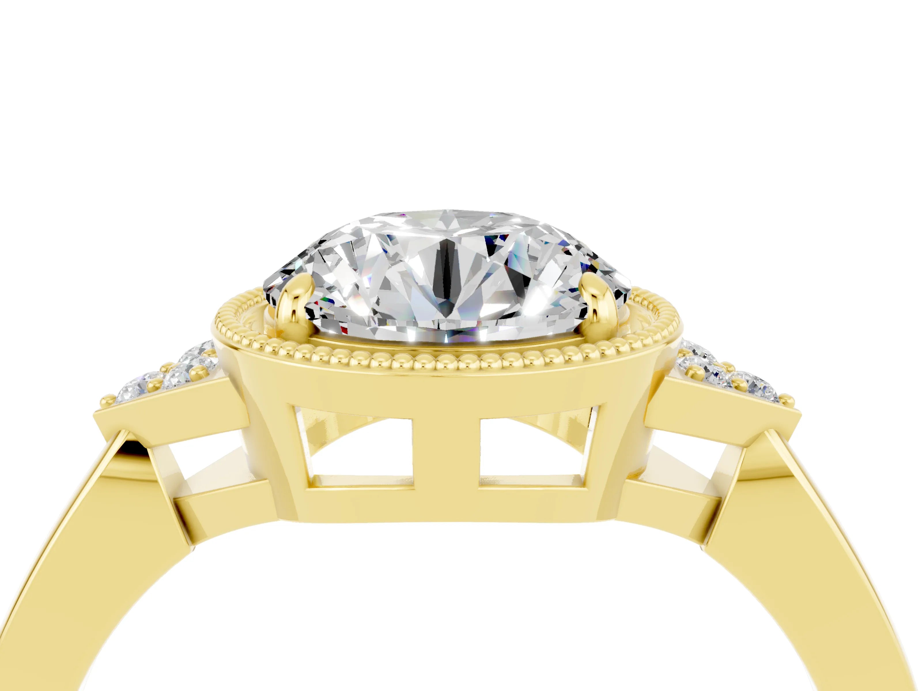 Yellow gold Round Cut Moissanite Halo Ring with Tapered Band and Four-Prong Setting_4