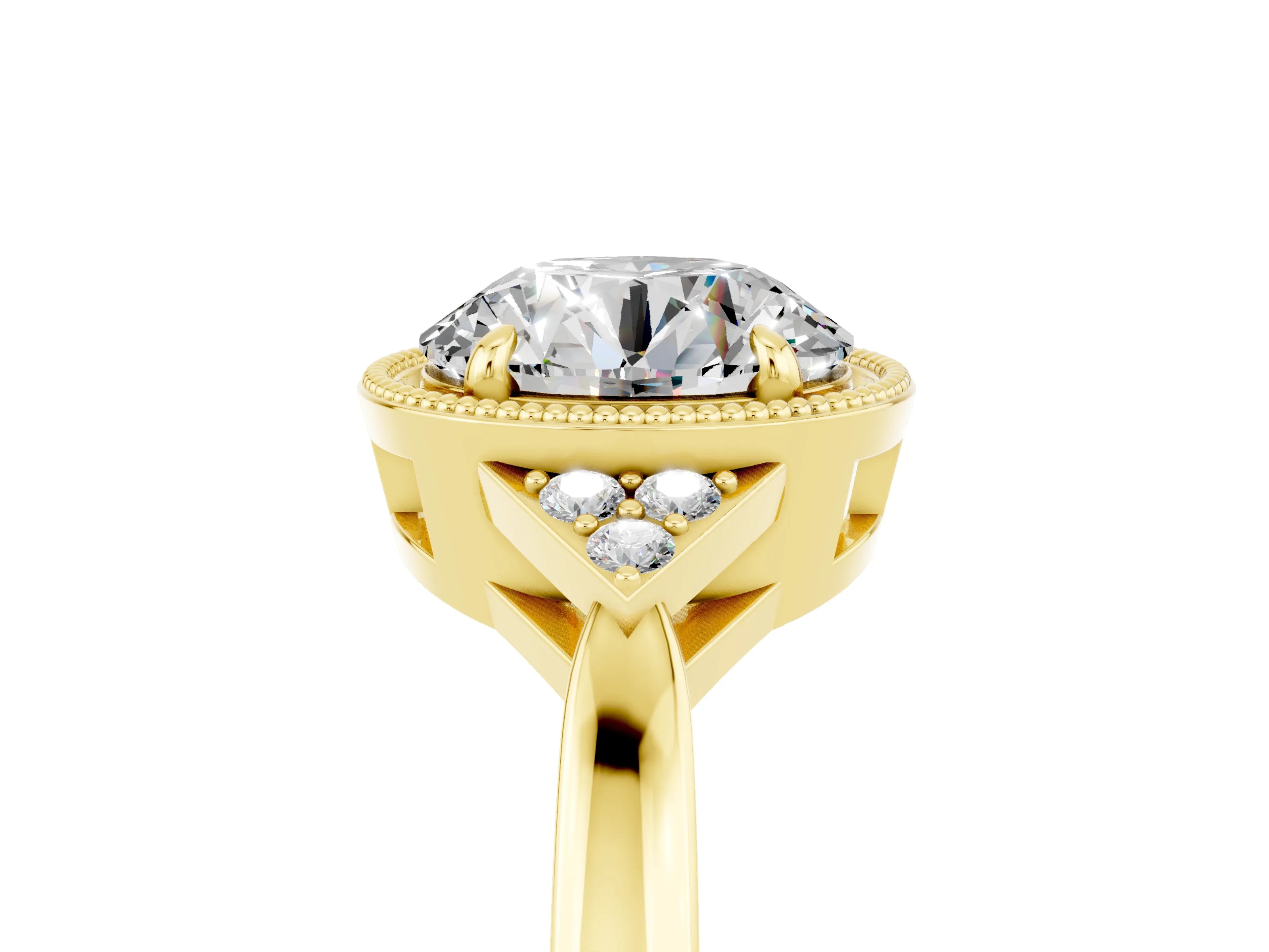 Yellow gold Round Cut Moissanite Halo Ring with Tapered Band and Four-Prong Setting_5