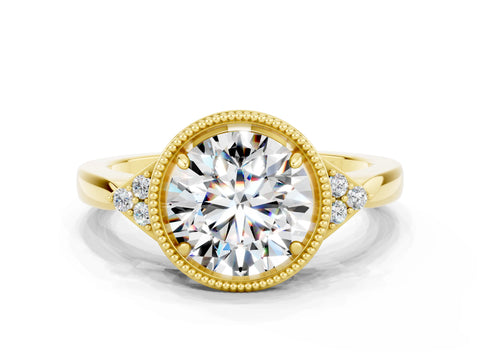 Yellow gold Round Cut Moissanite Halo Ring with Tapered Band and Four-Prong Setting