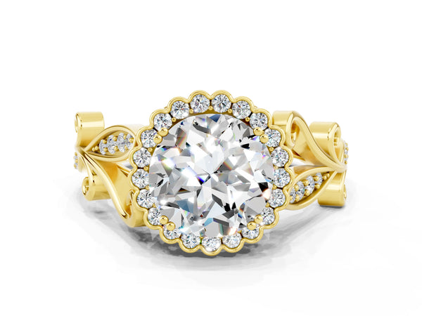 Yellow gold Round Cut Moissanite Halo Ring with Vintage Split Shank and Four-Prong Setting