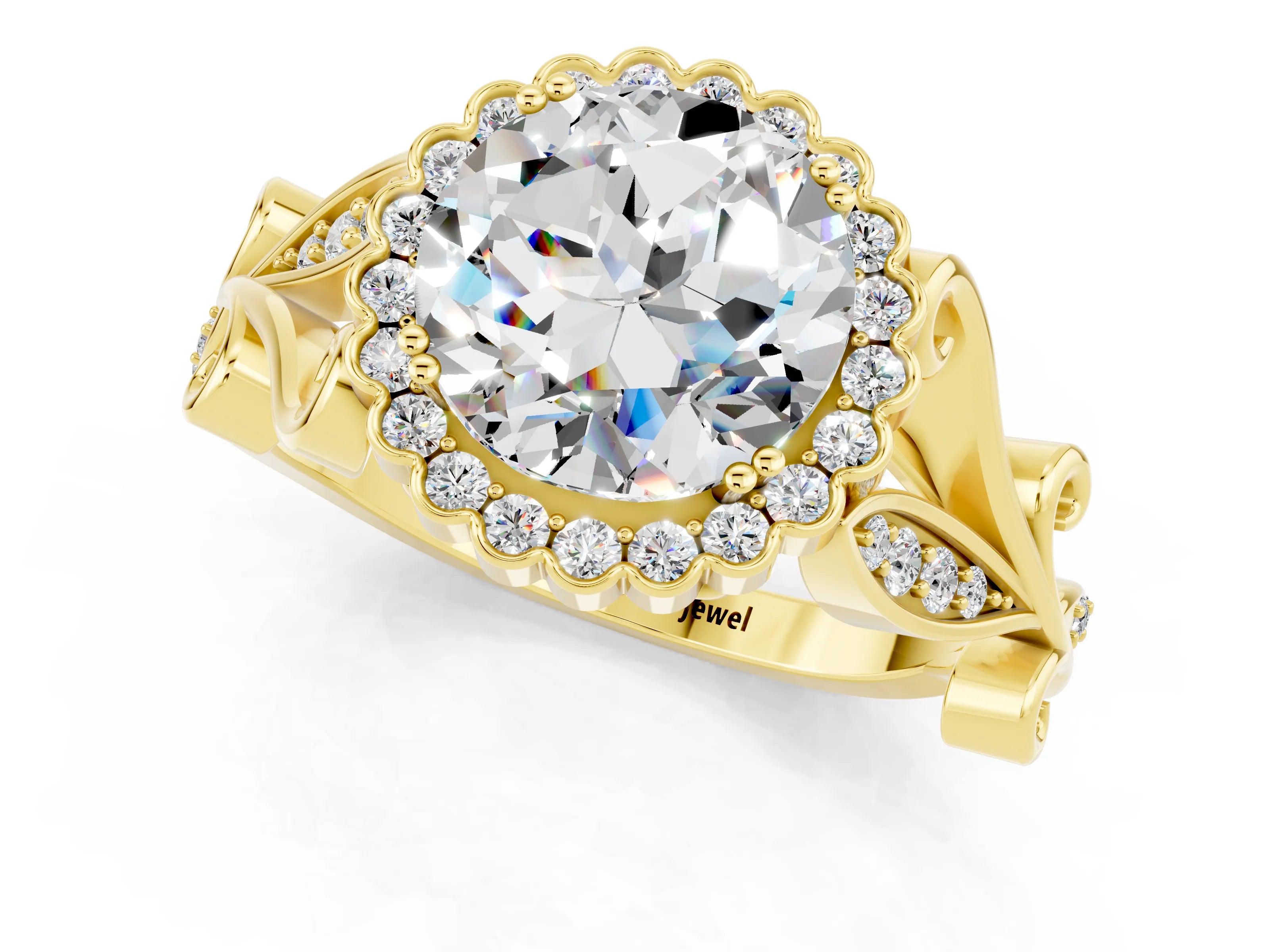 Yellow gold Round Cut Moissanite Halo Ring with Vintage Split Shank and Four-Prong Setting_1