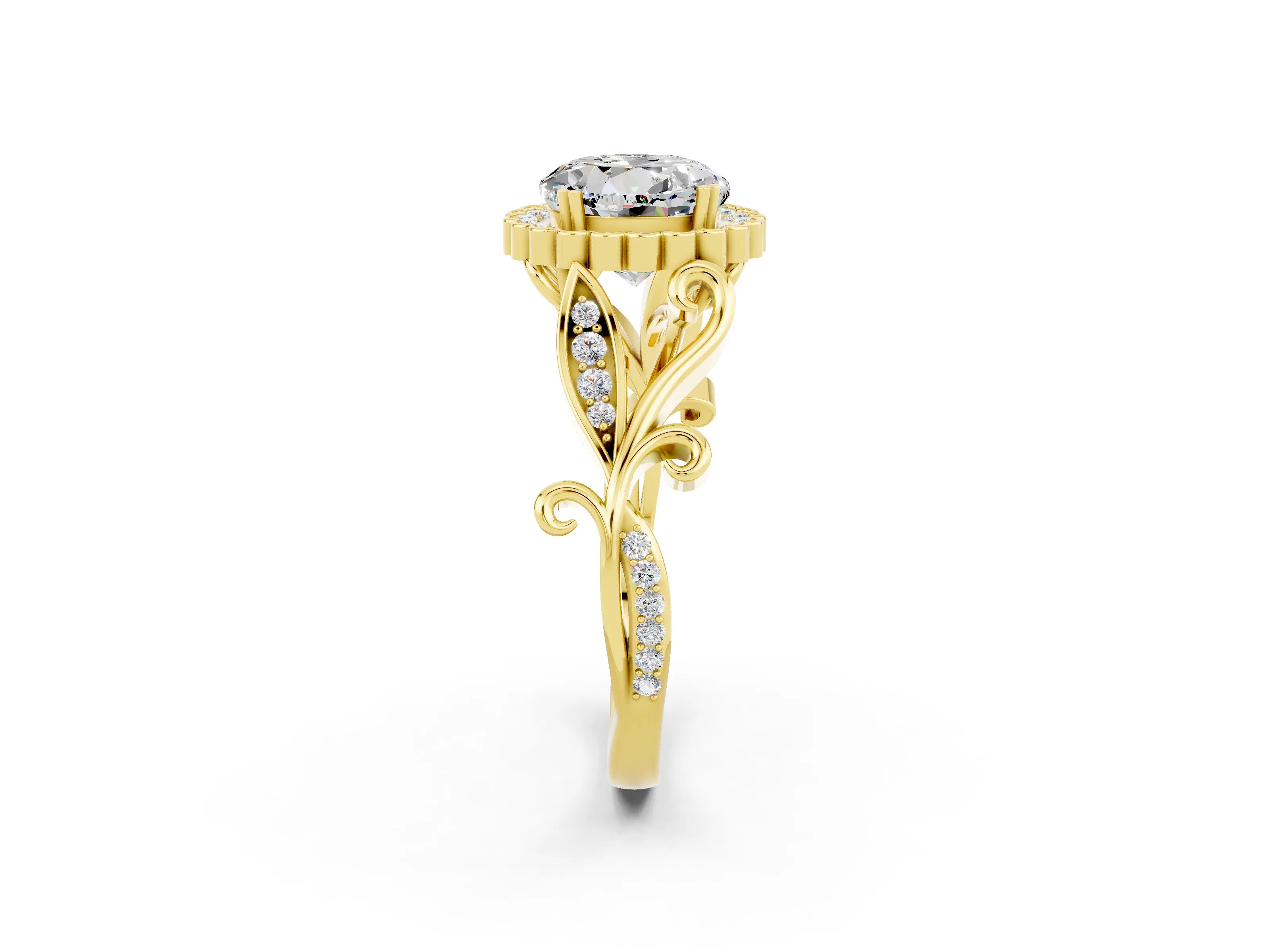 Yellow gold Round Cut Moissanite Halo Ring with Vintage Split Shank and Four-Prong Setting_2