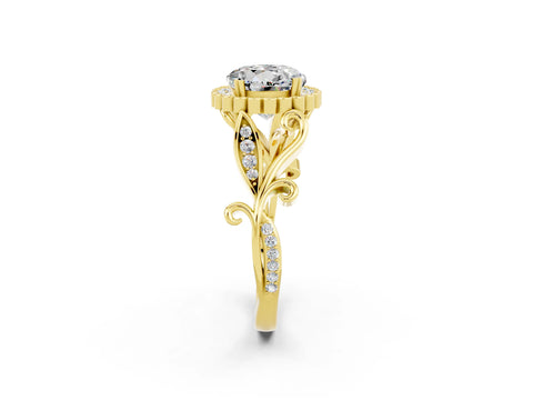 Yellow gold Round Cut Moissanite Halo Ring with Vintage Split Shank and Four-Prong Setting_2