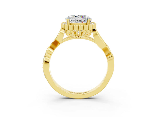 Yellow gold Round Cut Moissanite Halo Ring with Vintage Split Shank and Four-Prong Setting