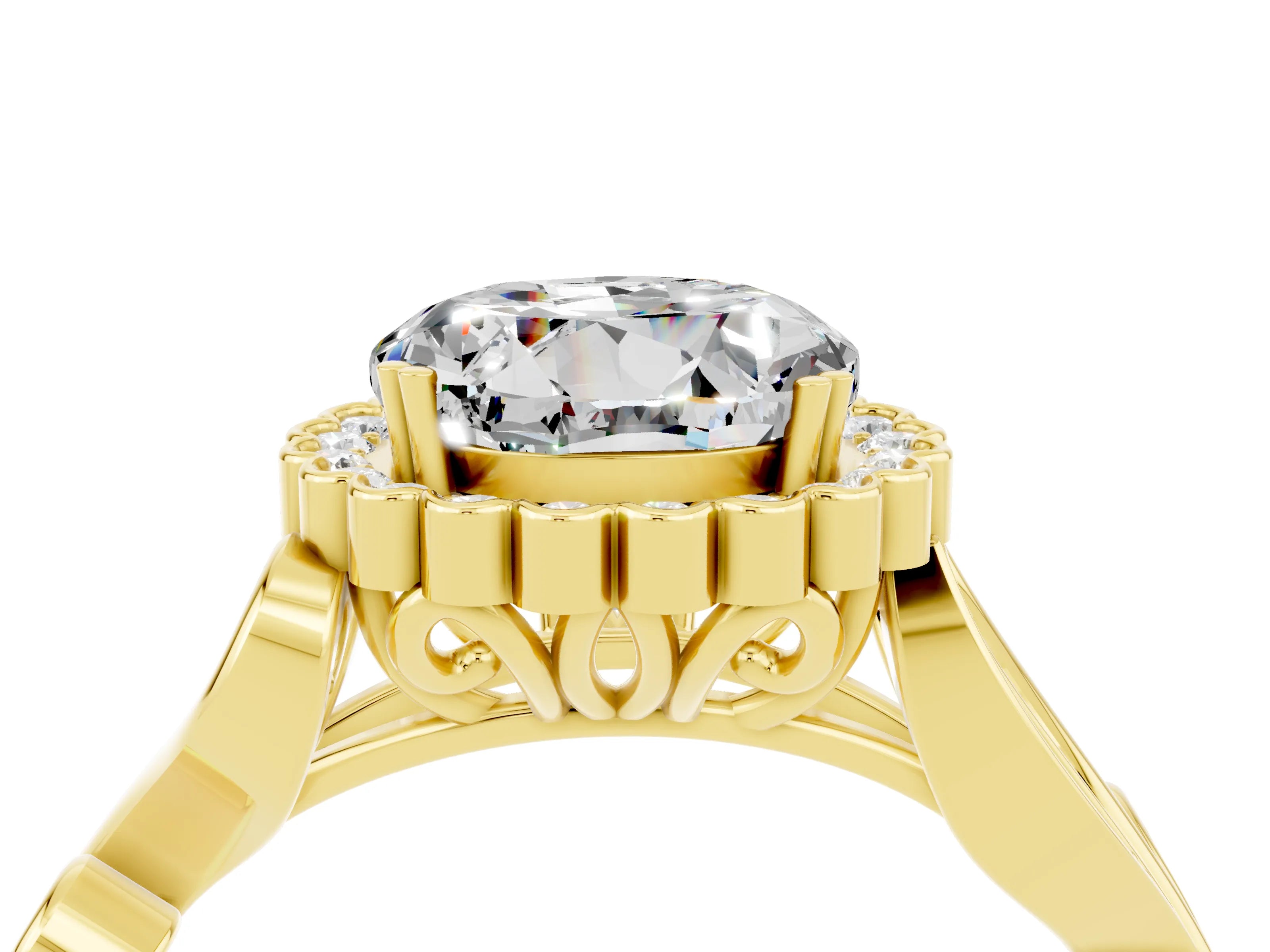 Yellow gold Round Cut Moissanite Halo Ring with Vintage Split Shank and Four-Prong Setting_4