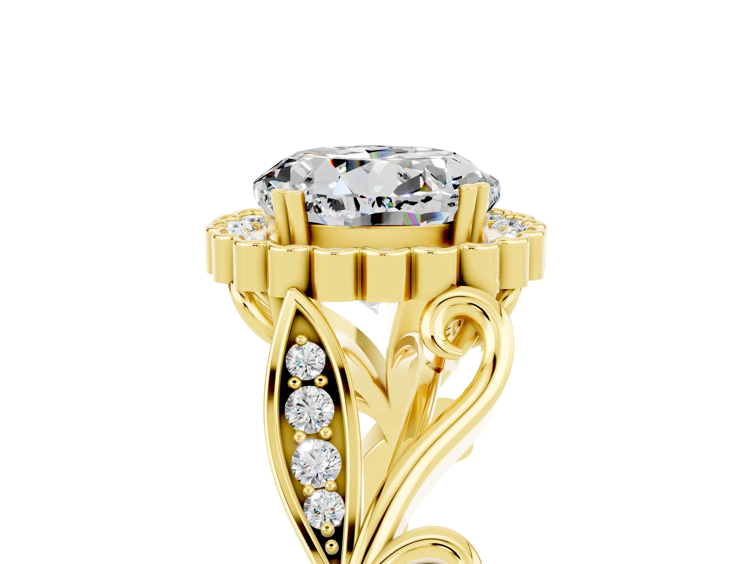 Yellow gold Round Cut Moissanite Halo Ring with Vintage Split Shank and Four-Prong Setting_5