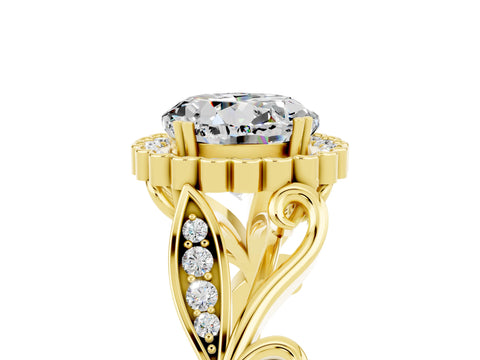 Yellow gold Round Cut Moissanite Halo Ring with Vintage Split Shank and Four-Prong Setting_5