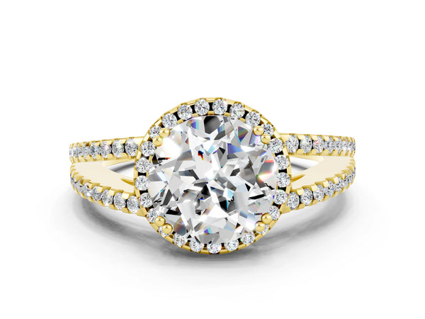 Yellow gold Round Cut Moissanite Halo Split Shank Engagement Ring
