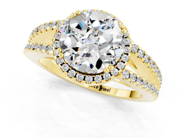 Yellow gold Round Cut Moissanite Halo Split Shank Engagement Ring