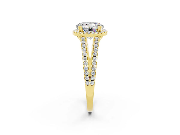 Yellow gold Round Cut Moissanite Halo Split Shank Engagement Ring