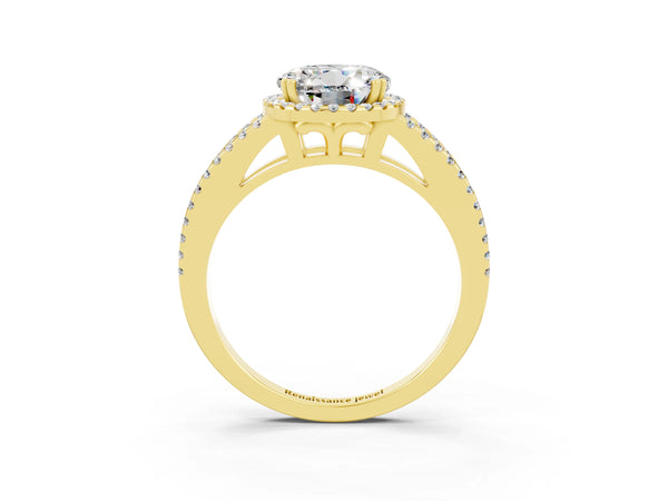 Yellow gold Round Cut Moissanite Halo Split Shank Engagement Ring