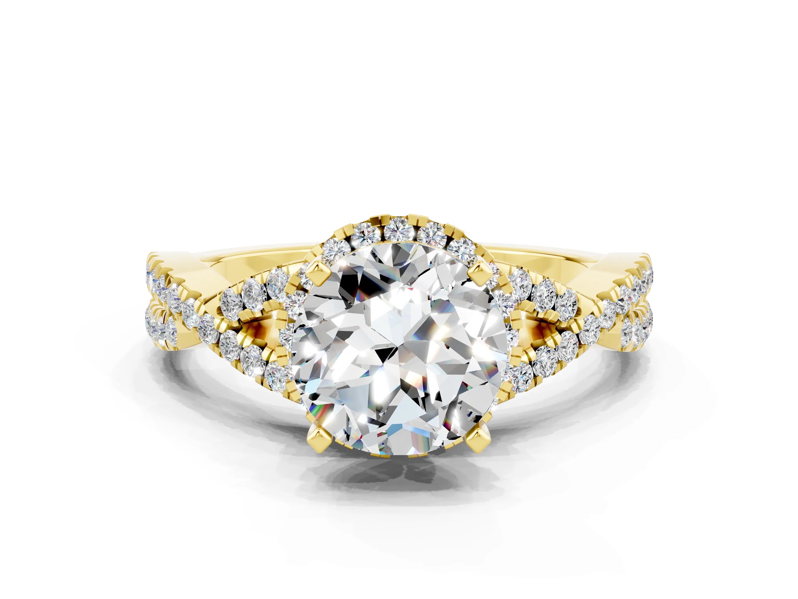 Yellow gold Round Cut Moissanite Halo Twist Band Solitaire Prong Setting Ring
