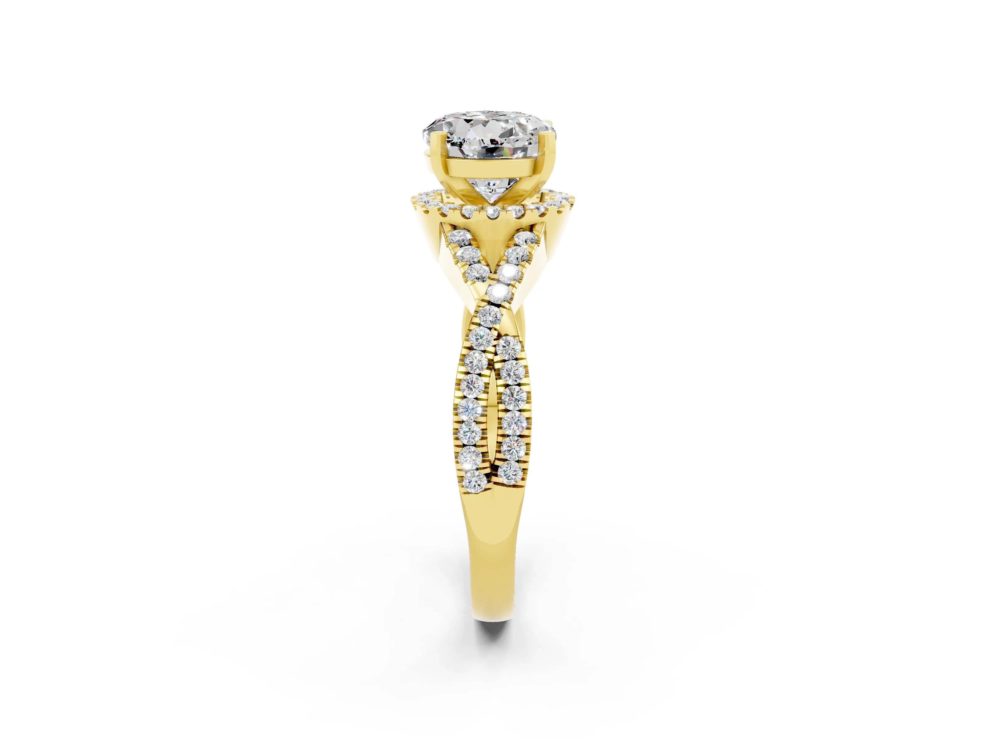 Yellow gold Round Cut Moissanite Halo Twist Band Solitaire Prong Setting Ring_2