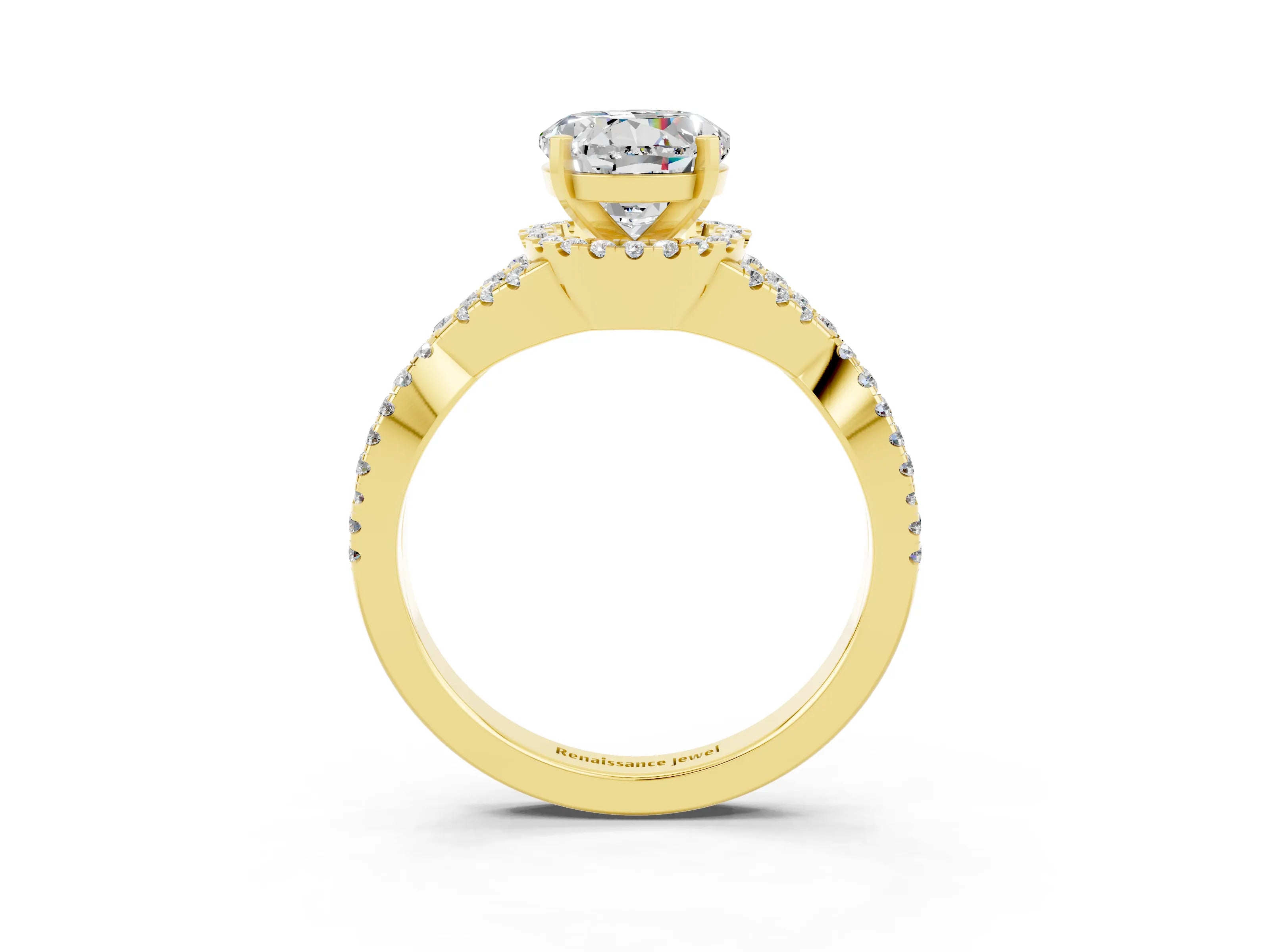 Yellow gold Round Cut Moissanite Halo Twist Band Solitaire Prong Setting Ring_3