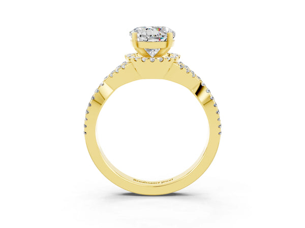 Yellow gold Round Cut Moissanite  Halo Twist Band Solitaire Prong Setting Ring