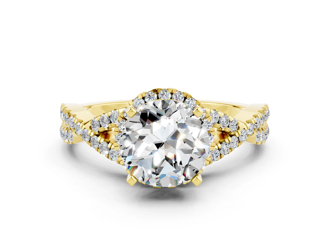 Yellow gold Round Cut Moissanite  Halo Twist Band Solitaire Prong Setting Ring_42