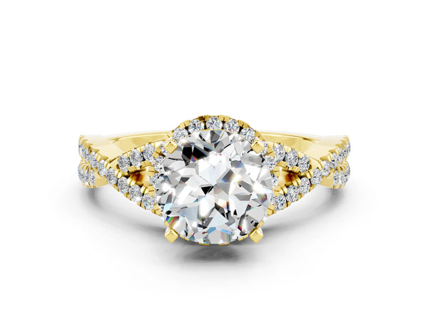 Yellow gold Round Cut Moissanite  Halo Twist Band Solitaire Prong Setting Ring