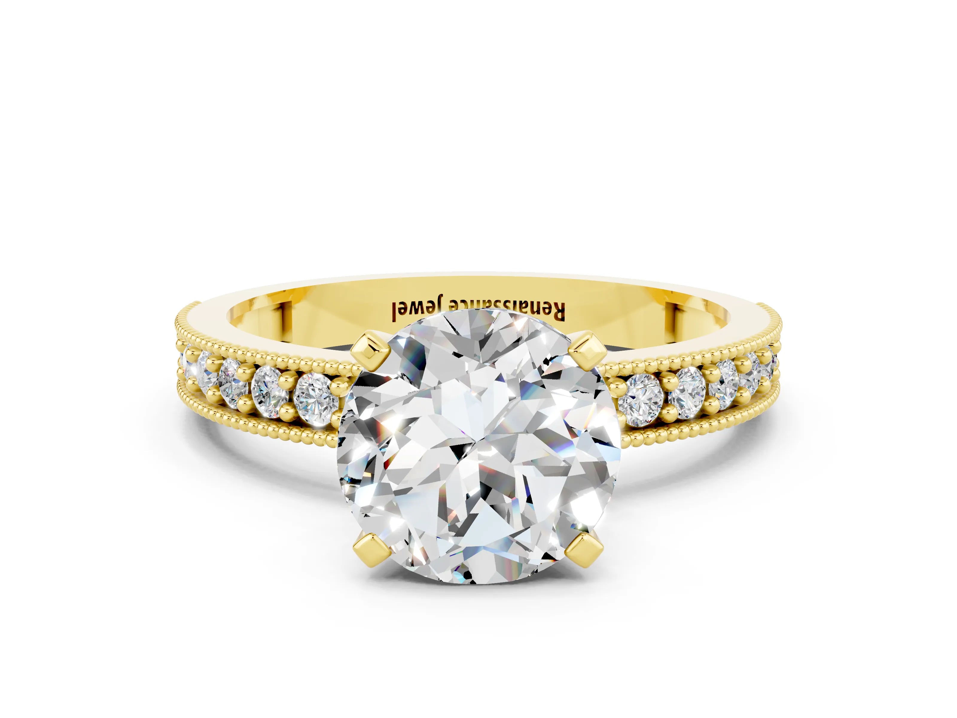 Yellow gold Round Cut Moissanite Milgrain Pavé Engagement Ring with Four-Prong Setting