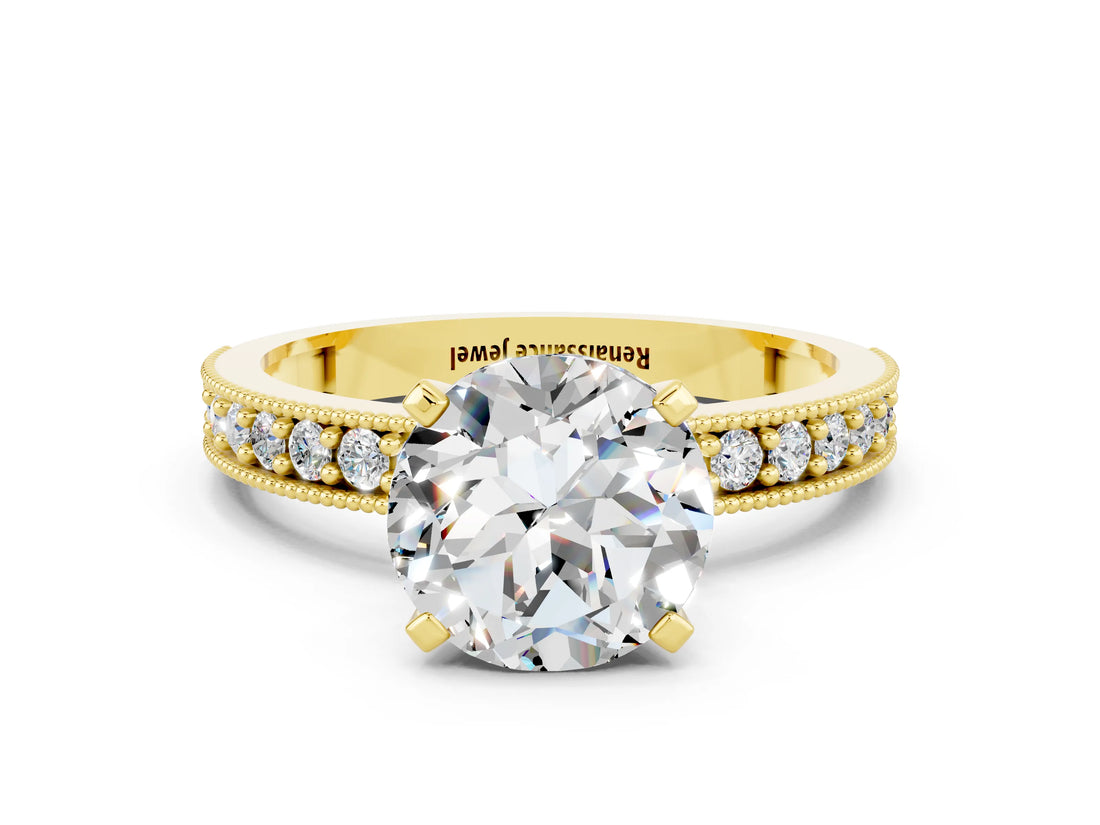 Yellow gold Round Cut Moissanite Milgrain Pavé Engagement Ring with Four-Prong Setting