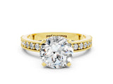 Yellow gold Round Cut Moissanite Milgrain Pavé Engagement Ring with Four-Prong Setting