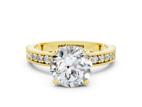 Yellow gold Round Cut Moissanite Milgrain Pavé Engagement Ring with Four-Prong Setting