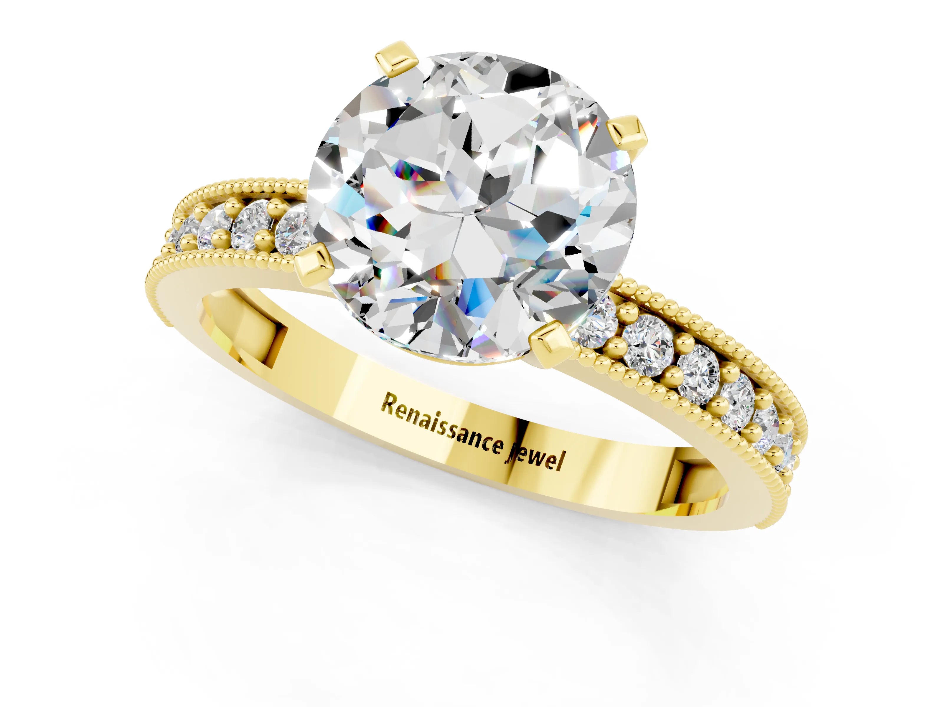 Yellow gold Round Cut Moissanite Milgrain Pavé Engagement Ring with Four-Prong Setting_1