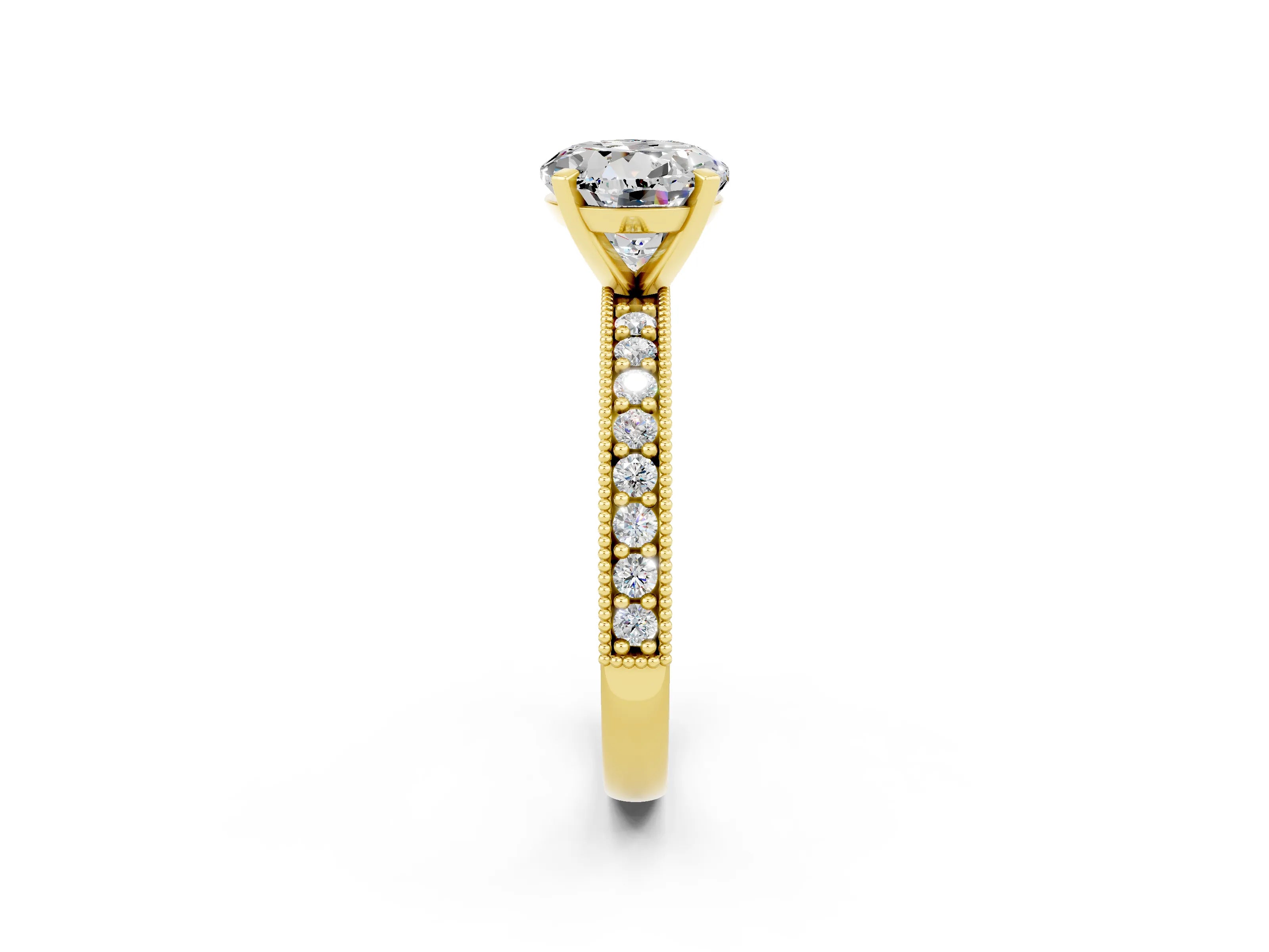 Yellow gold Round Cut Moissanite Milgrain Pavé Engagement Ring with Four-Prong Setting_2