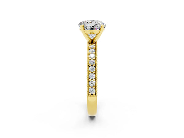 Yellow gold Round Cut Moissanite Milgrain Pavé Engagement Ring with Four-Prong Setting
