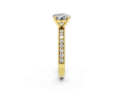 Yellow gold Round Cut Moissanite Milgrain Pavé Engagement Ring with Four-Prong Setting_2