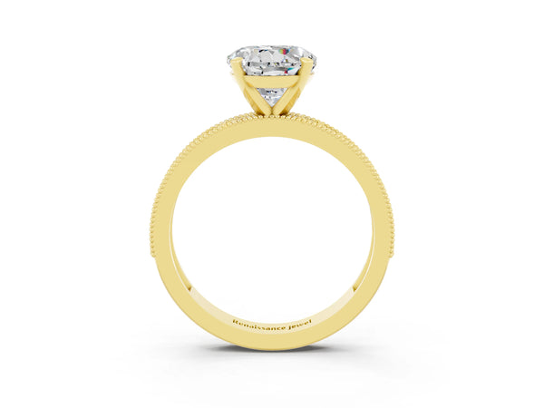 Yellow gold Round Cut Moissanite Milgrain Pavé Engagement Ring with Four-Prong Setting