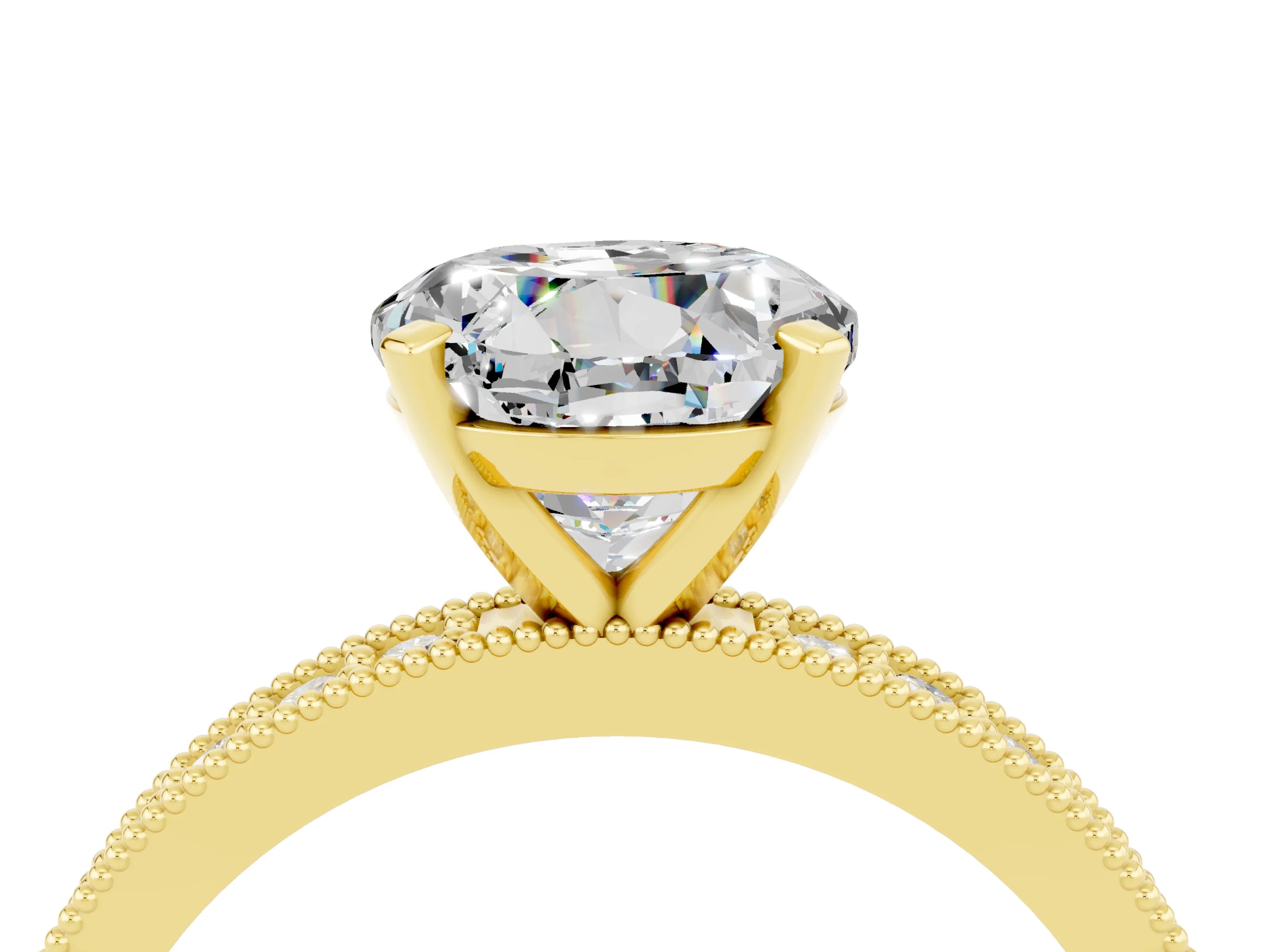 Yellow gold Round Cut Moissanite Milgrain Pavé Engagement Ring with Four-Prong Setting_4