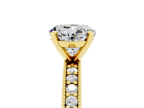 Yellow gold Round Cut Moissanite Milgrain Pavé Engagement Ring with Four-Prong Setting_5