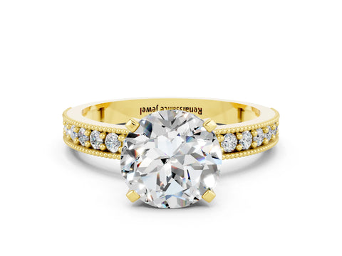 Yellow gold Round Cut Moissanite Milgrain Pavé Engagement Ring with Four-Prong Setting