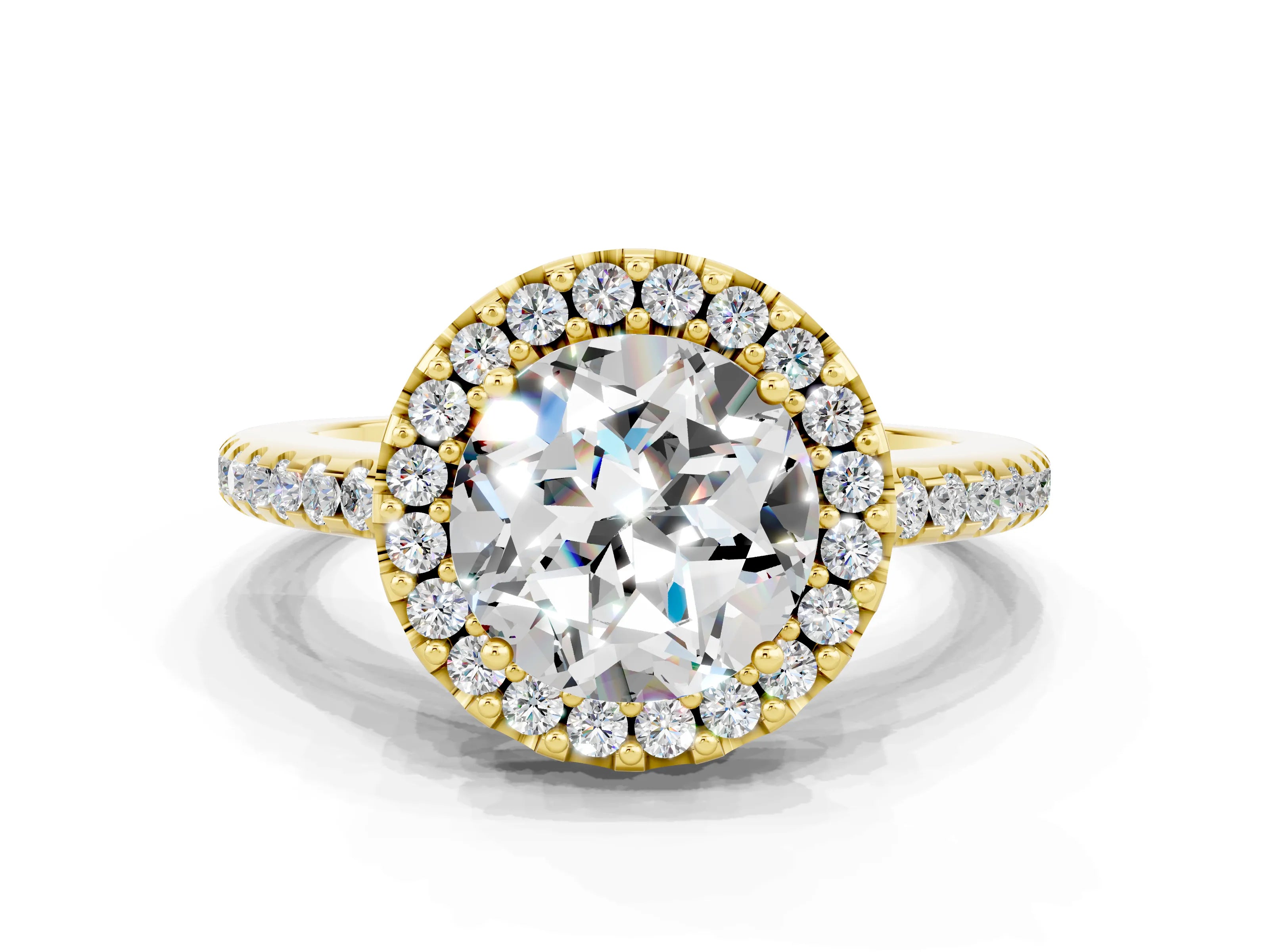 Yellow gold Round Cut Moissanite Pavé Halo Ring with Four-Prong Setting_12