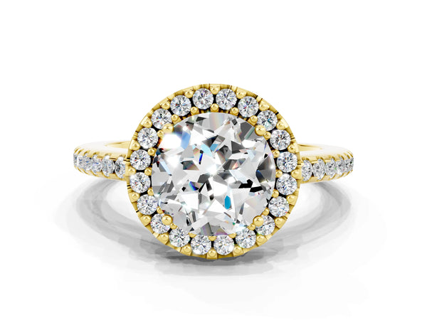 Yellow gold Round Cut Moissanite Pavé Halo Ring with Four-Prong Setting