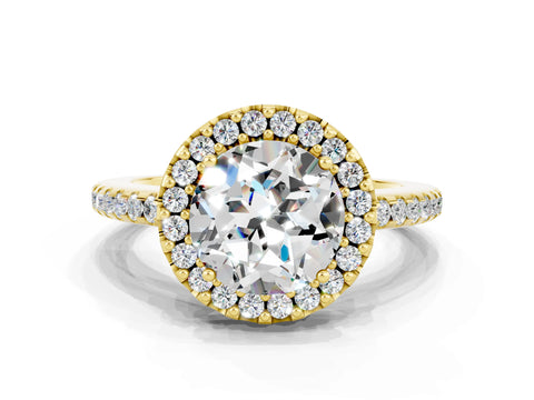 Yellow gold Round Cut Moissanite Pavé Halo Ring with Four-Prong Setting_12
