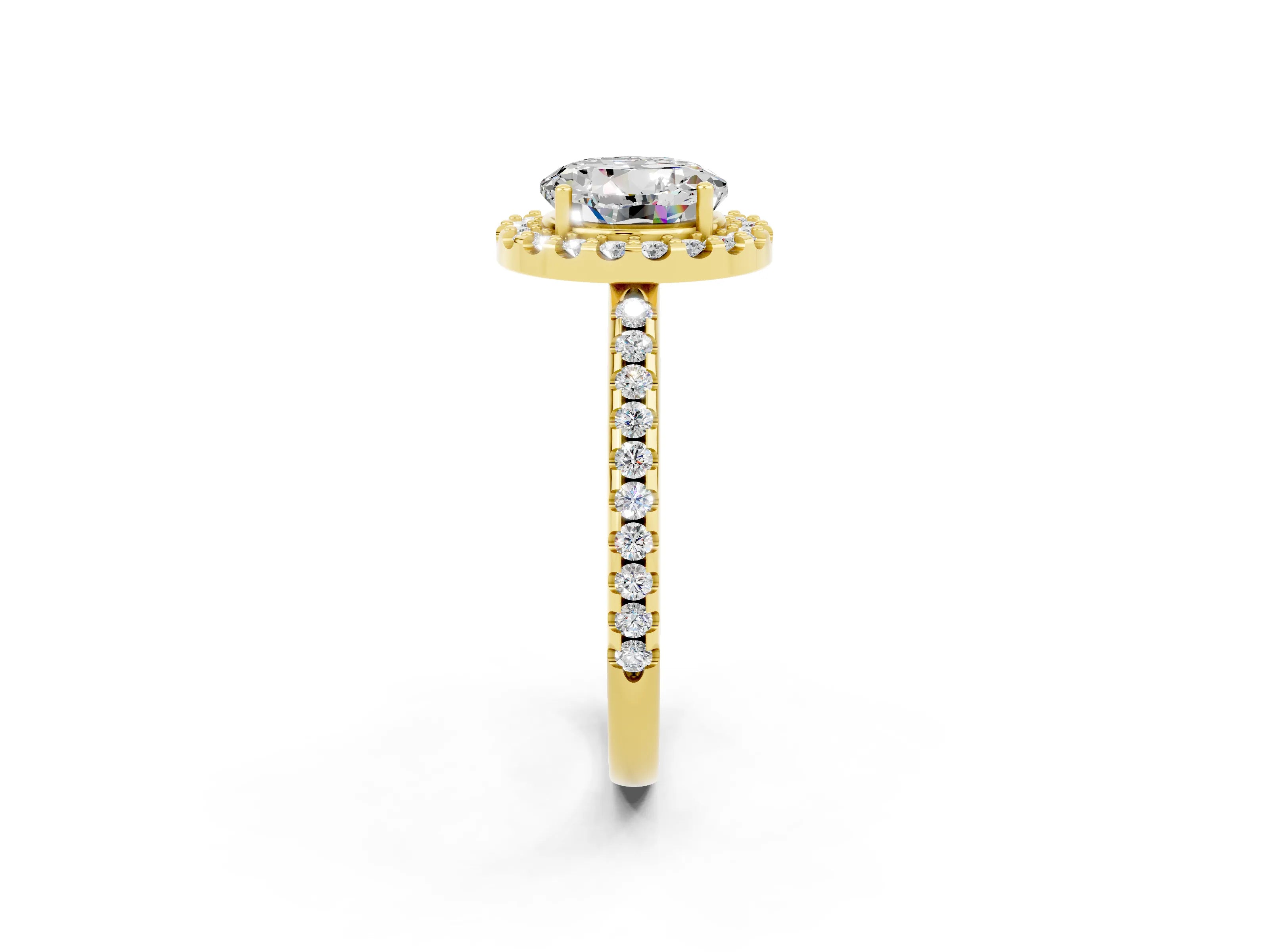 Yellow gold Round Cut Moissanite Pavé Halo Ring with Four-Prong Setting_14