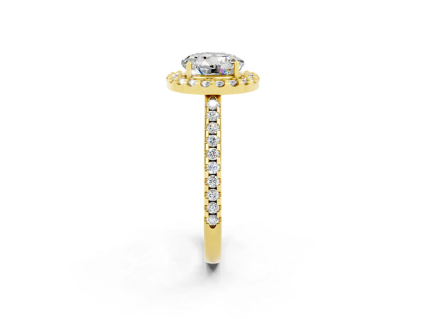 Yellow gold Round Cut Moissanite Pavé Halo Ring with Four-Prong Setting